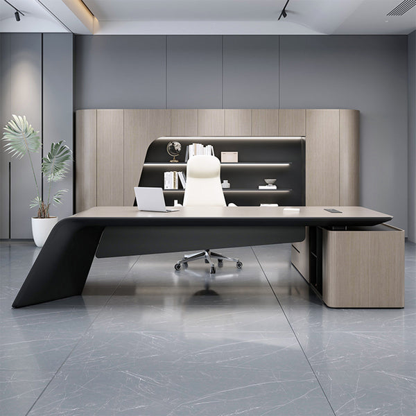 Executive Desk with Natural Wood Veneer & Storage Cabinet – Anzhap