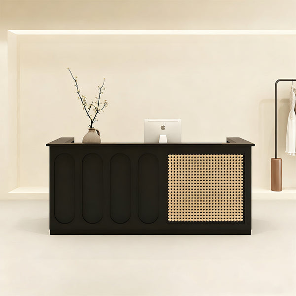 View of Rattan Reception Desk with Drawers Storage Eco-Friendly High-End Desig ...
