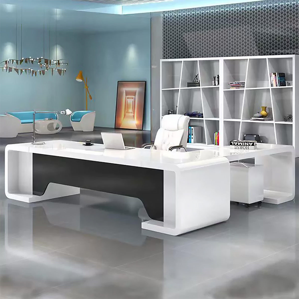 Minimalist Luxury White L-Shaped Executive Desk with Black Privacy Panel