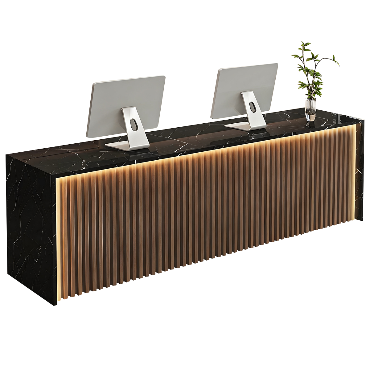 Modern Wood Slat Reception Desk with Lockable Storage and Keyboard Tray