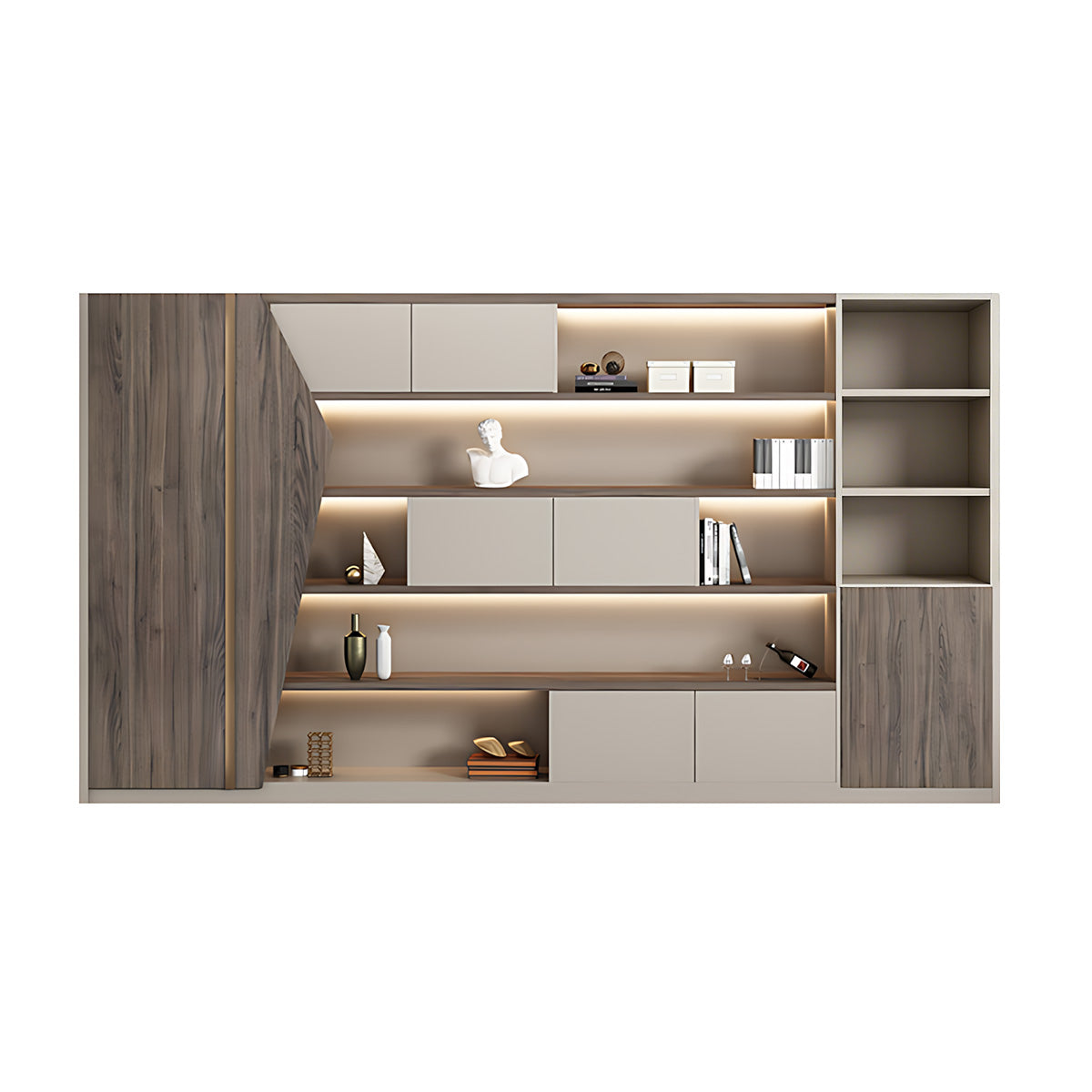 Storage Cabinet, Dark Walnut & Greige, Dark Walnut & Greige finish, L94" x W16" x H79", for office storage space, office storage furniture