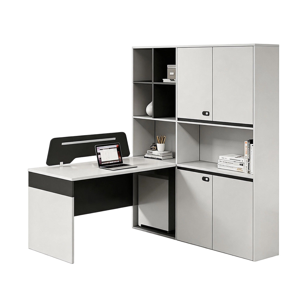 Modern Office Desk with Privacy Panel, 23.62" Deep Desktop & Generous File Cabinet