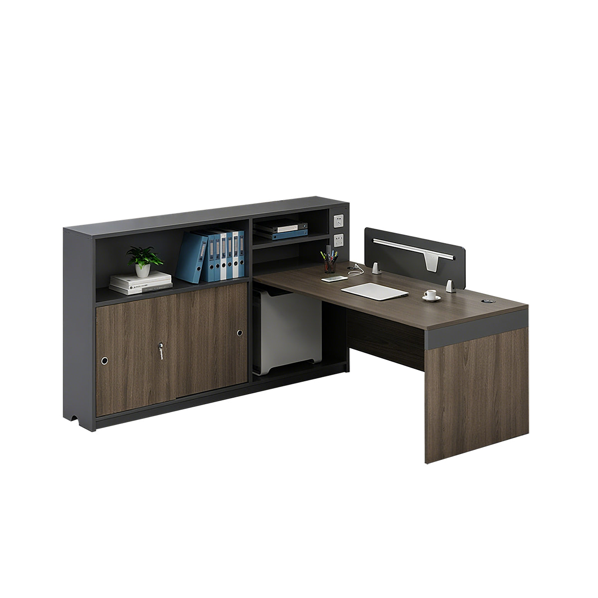 Minimalist Dark Gray and Walnut Cubicle Desk with Mobile Lockable Storage Cabinet