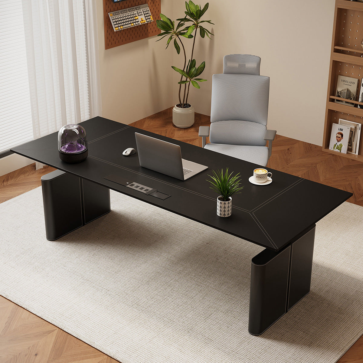 Electric Height-Adjustable Executive Desk with Power Hub and Saddle Leather Top
