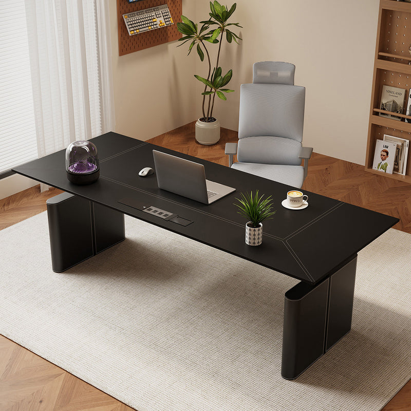 Electric Height-Adjustable Executive Desk with Power Hub and Saddle Leather Top