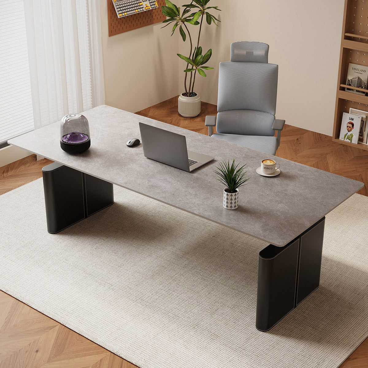 Electric Height-Adjustable Executive Desk with Power Hub and Saddle Leather Top