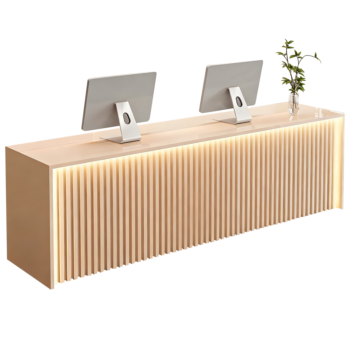 Modern Wood Slat Reception Desk with Lockable Storage and Keyboard Tray