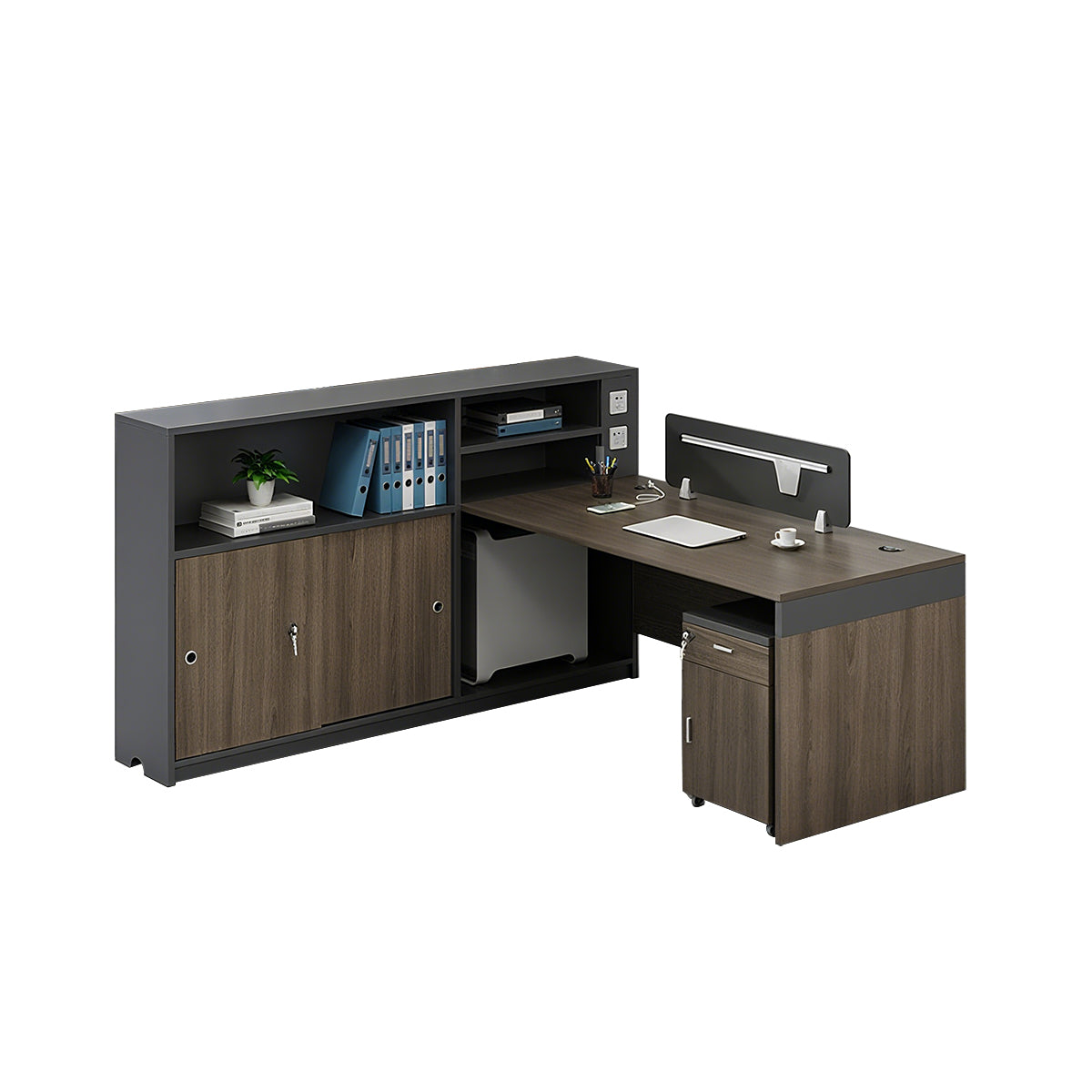 Minimalist Dark Gray and Walnut Cubicle Desk with Mobile Lockable Storage Cabinet
