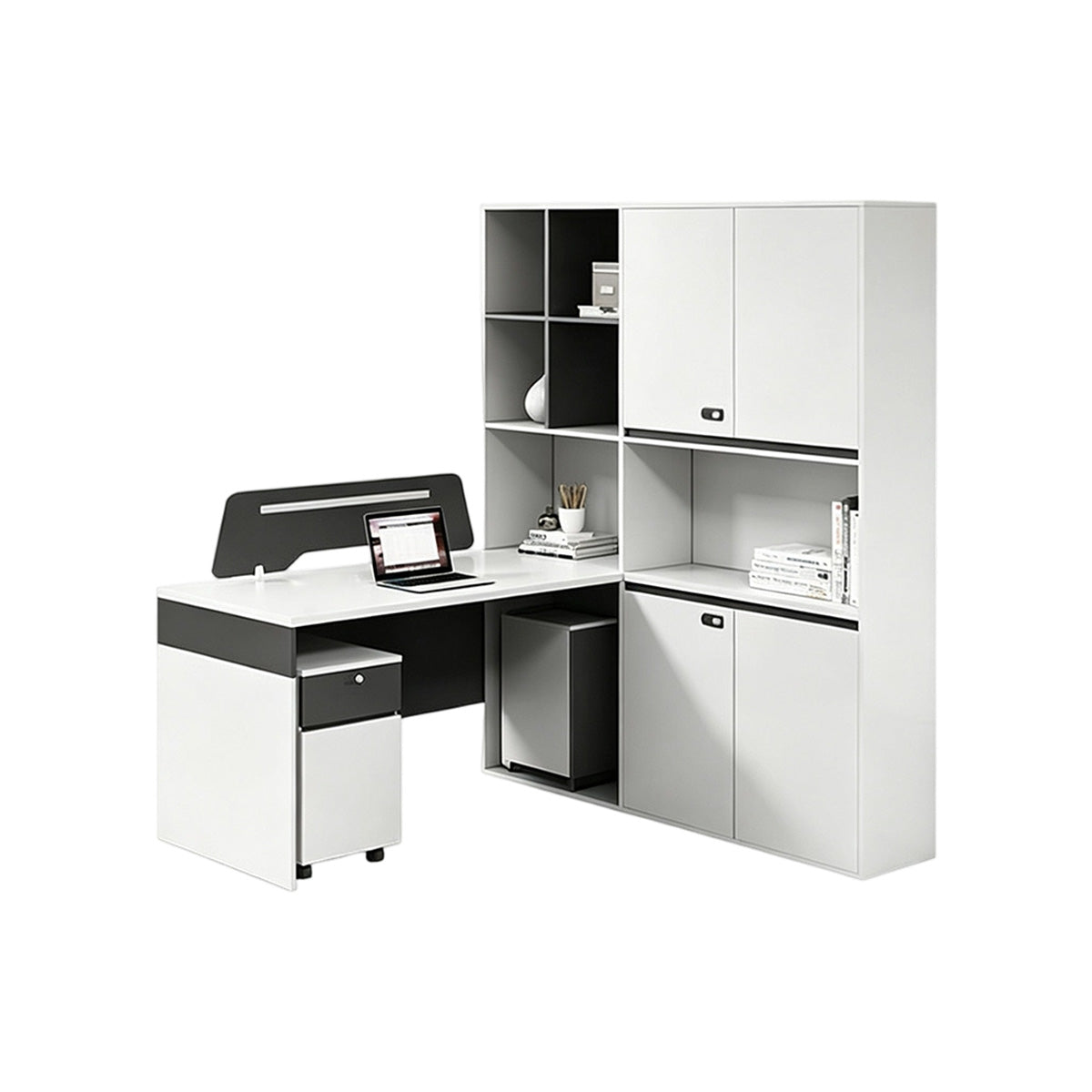 Modern Office Desk with Privacy Panel, 23.62" Deep Desktop & Generous File Cabinet