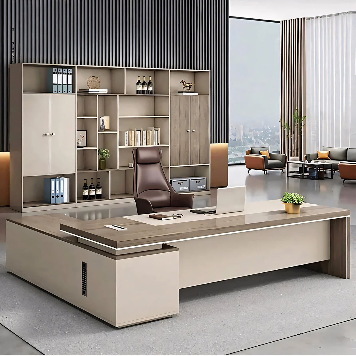 L-Shaped Executive Desk 63–126 in Wide with Cable Management, File Dra ...