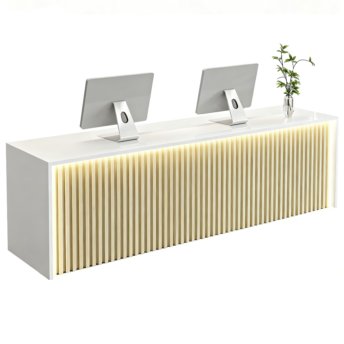 Modern Wood Slat Reception Desk with Lockable Storage and Keyboard Tray