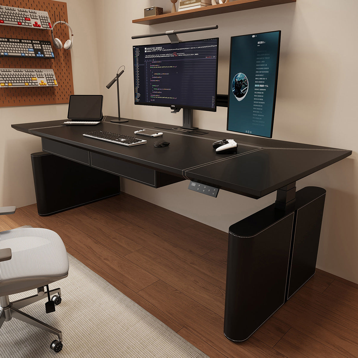 Electric Height-Adjustable Executive Desk with Power Hub and Saddle Leather Top