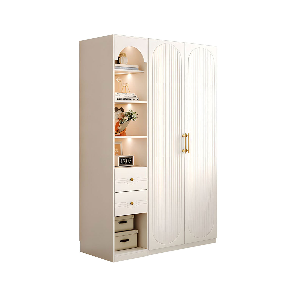 Modern MDF Wardrobe with Drawers Hanging Rods and 3D Carved Storage