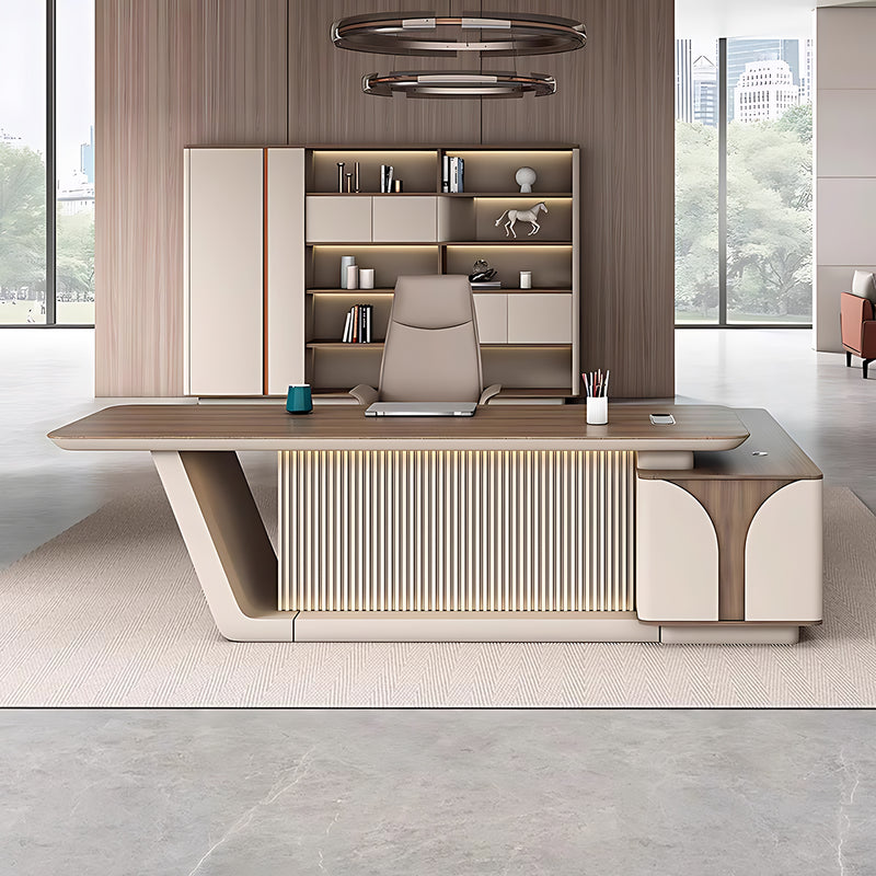 Elegant Executive Desk with a Refined Slatted Front Panel Design