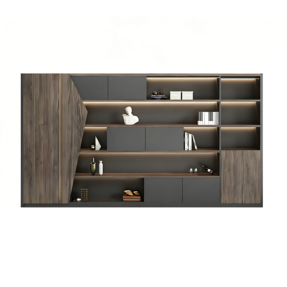 Storage Cabinet, Dark Walnut & Charcoal Gray, Dark Walnut & Charcoal Gray finish, L94" x W16" x H79", for office storage space, office storage furniture