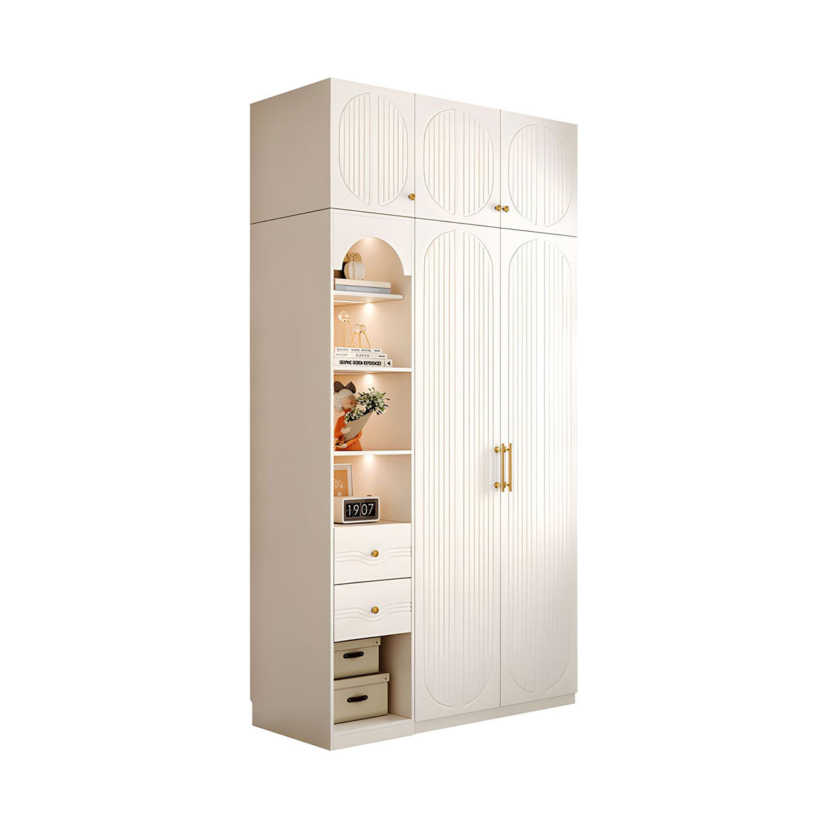 Modern MDF Wardrobe with Drawers Hanging Rods and 3D Carved Storage