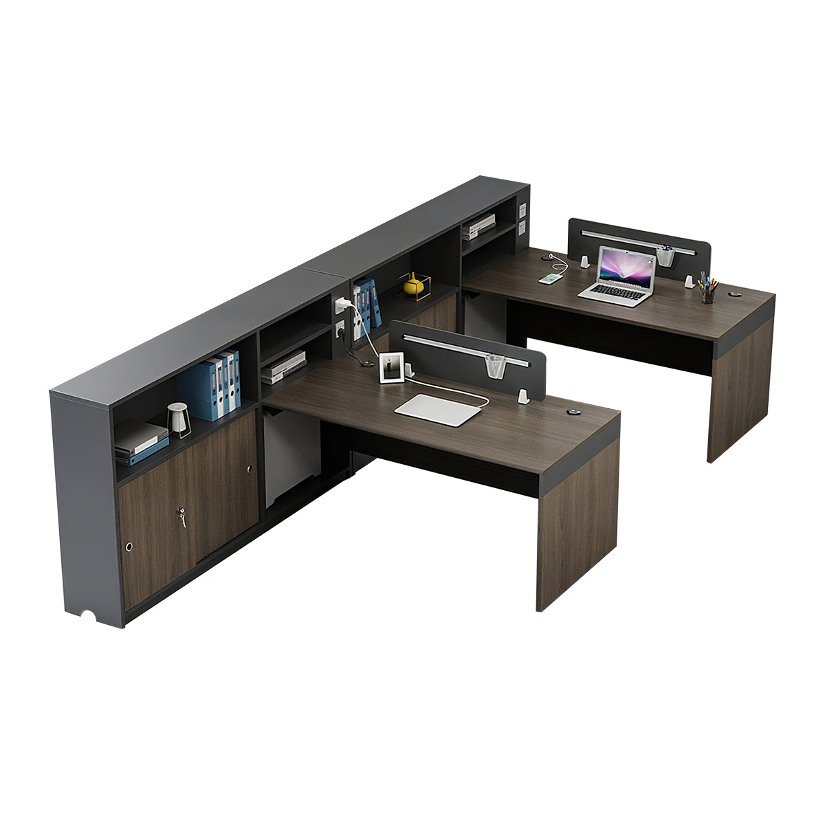 Minimalist Dark Gray and Walnut Cubicle Desk with Mobile Lockable Storage Cabinet