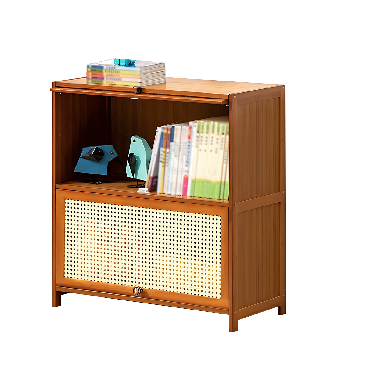 Minimalist Bamboo Flip-Door Bookshelf with Multi-Layer Storage