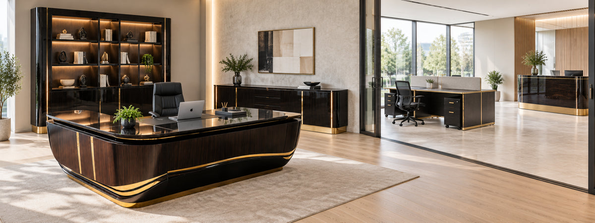 Coordinated wood-grain office furniture with executive desk, storage, workstations and meeting table