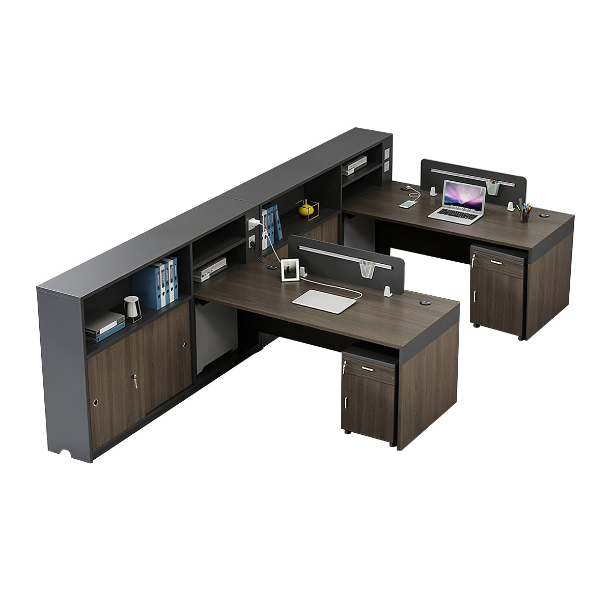 Minimalist Dark Gray and Walnut Cubicle Desk with Mobile Lockable Storage Cabinet