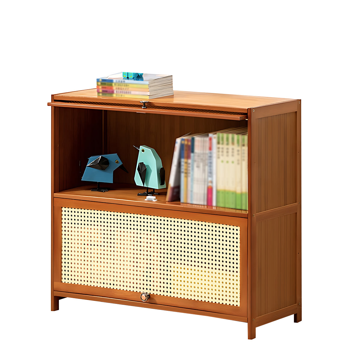 Minimalist Bamboo Flip-Door Bookshelf with Multi-Layer Storage