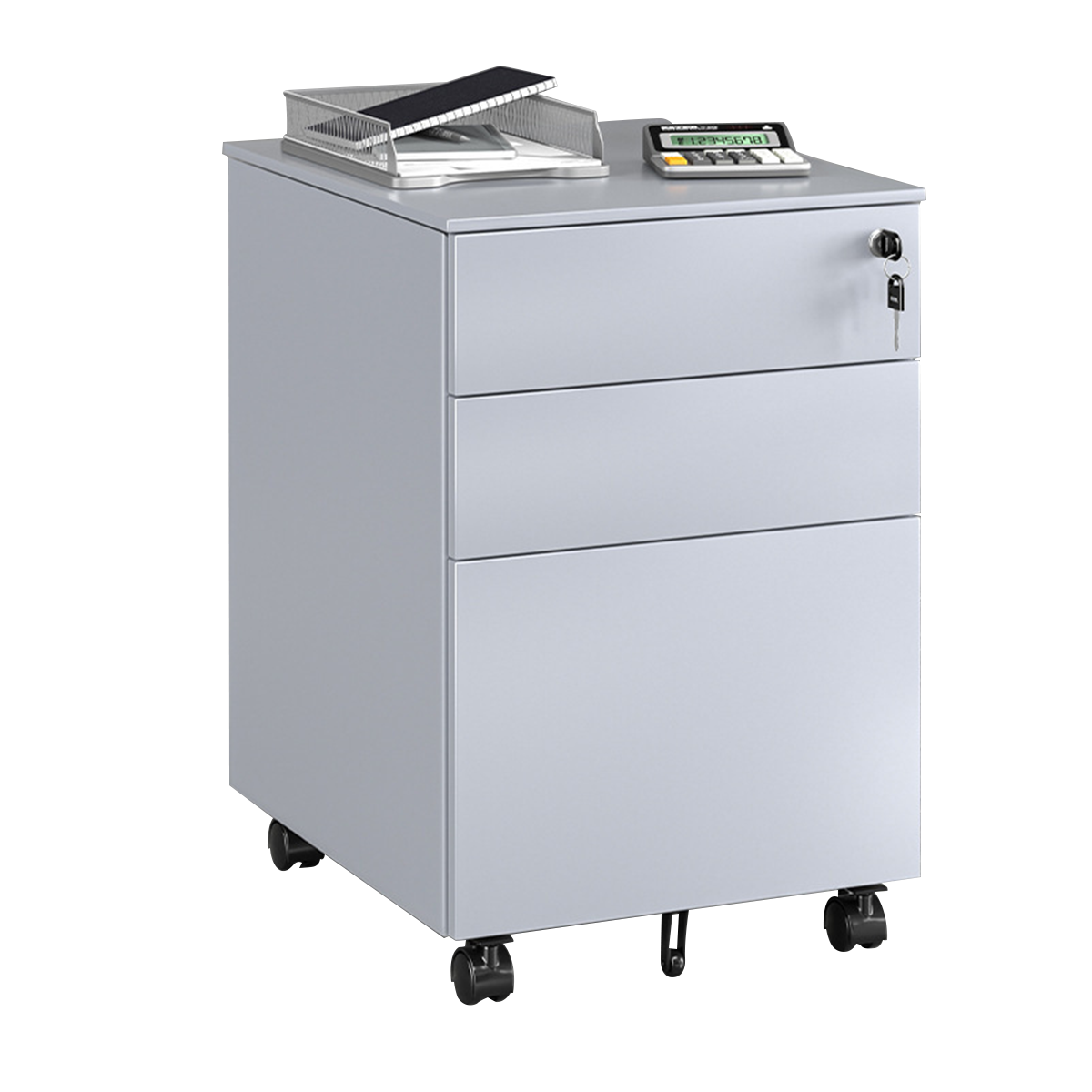 Stylish and Sturdy Lockable Storage Cabinet with Locking Caster Wheels and Unique Handles