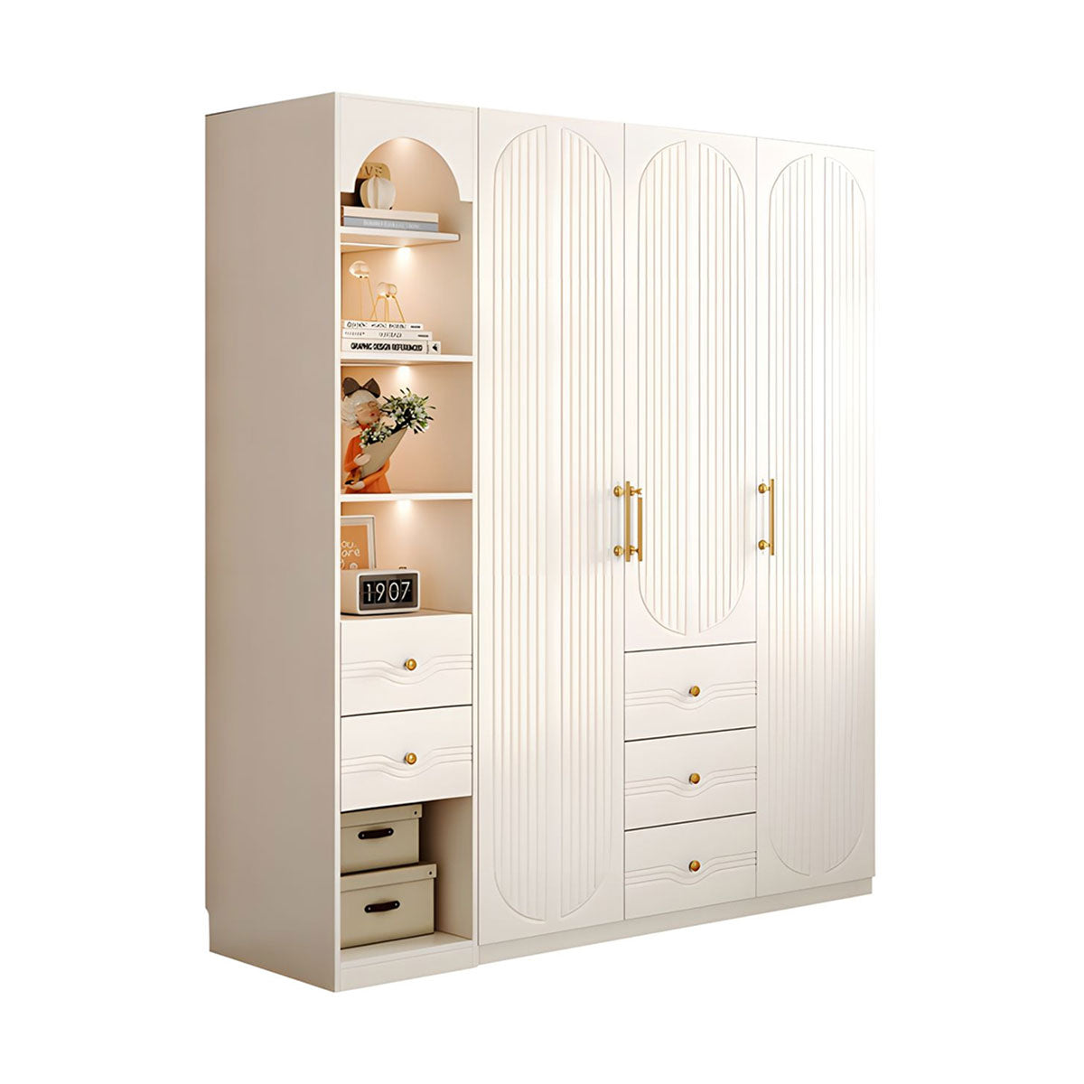 Modern MDF Wardrobe with Drawers Hanging Rods and 3D Carved Storage