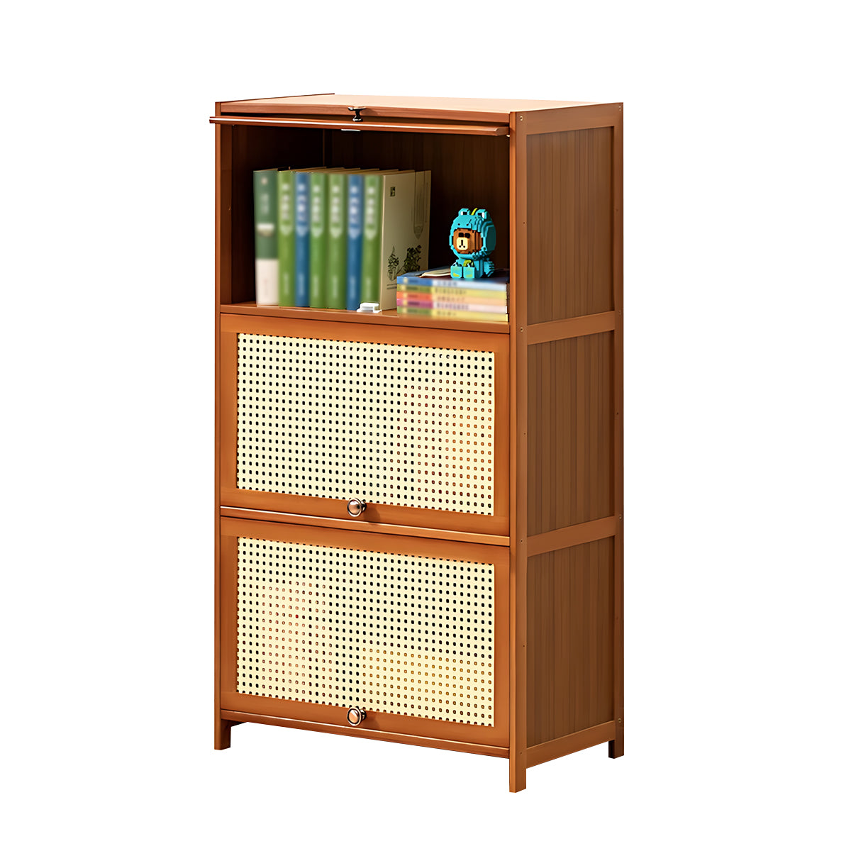 Minimalist Bamboo Flip-Door Bookshelf with Multi-Layer Storage