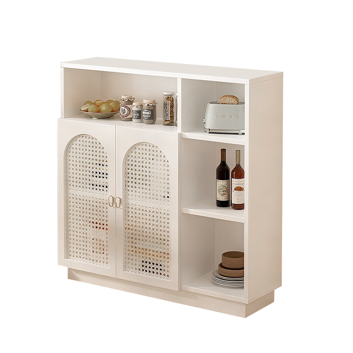 Modern Rattan Buffet Sideboard with Adjustable Shelves and Cabinet Storage