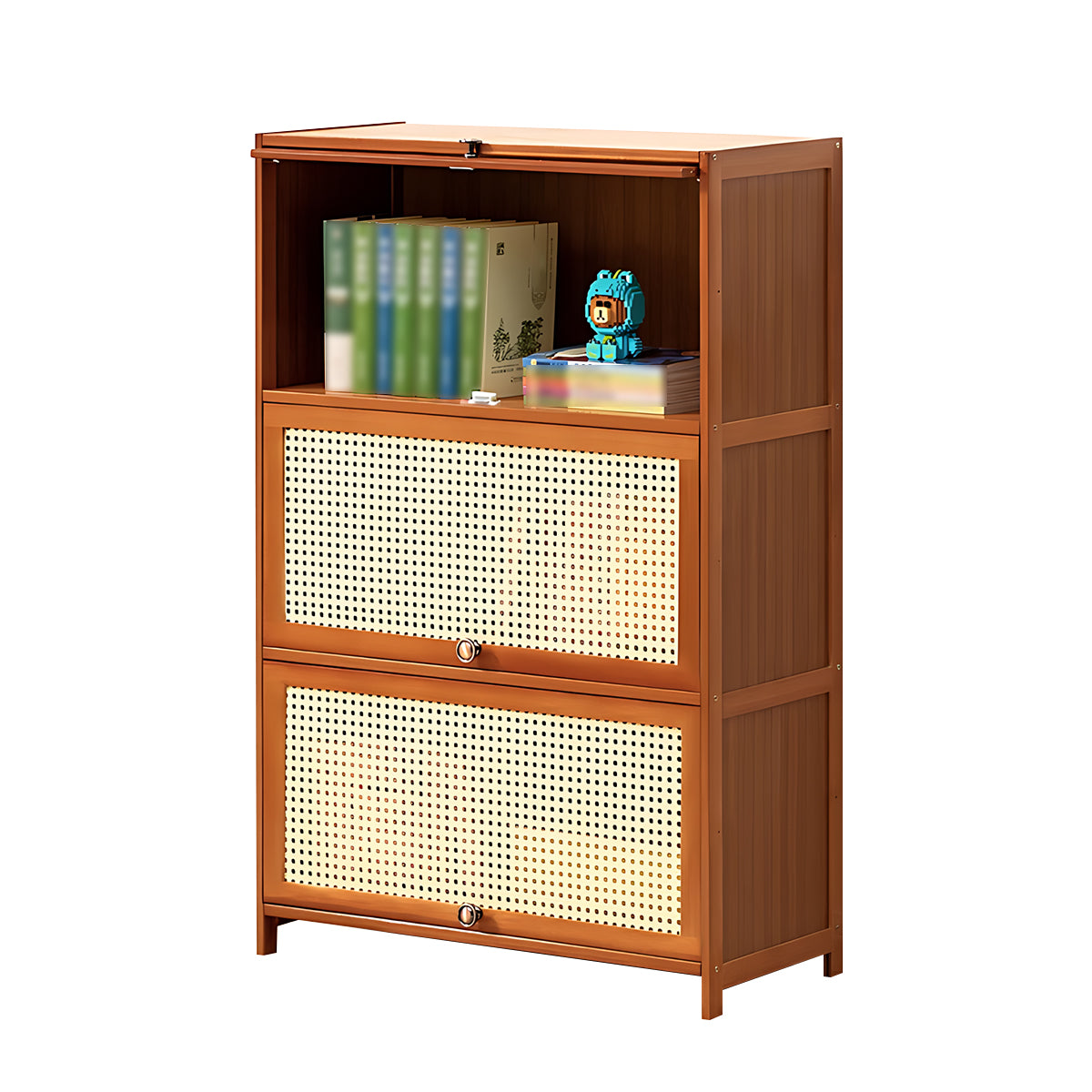 Minimalist Bamboo Flip-Door Bookshelf with Multi-Layer Storage