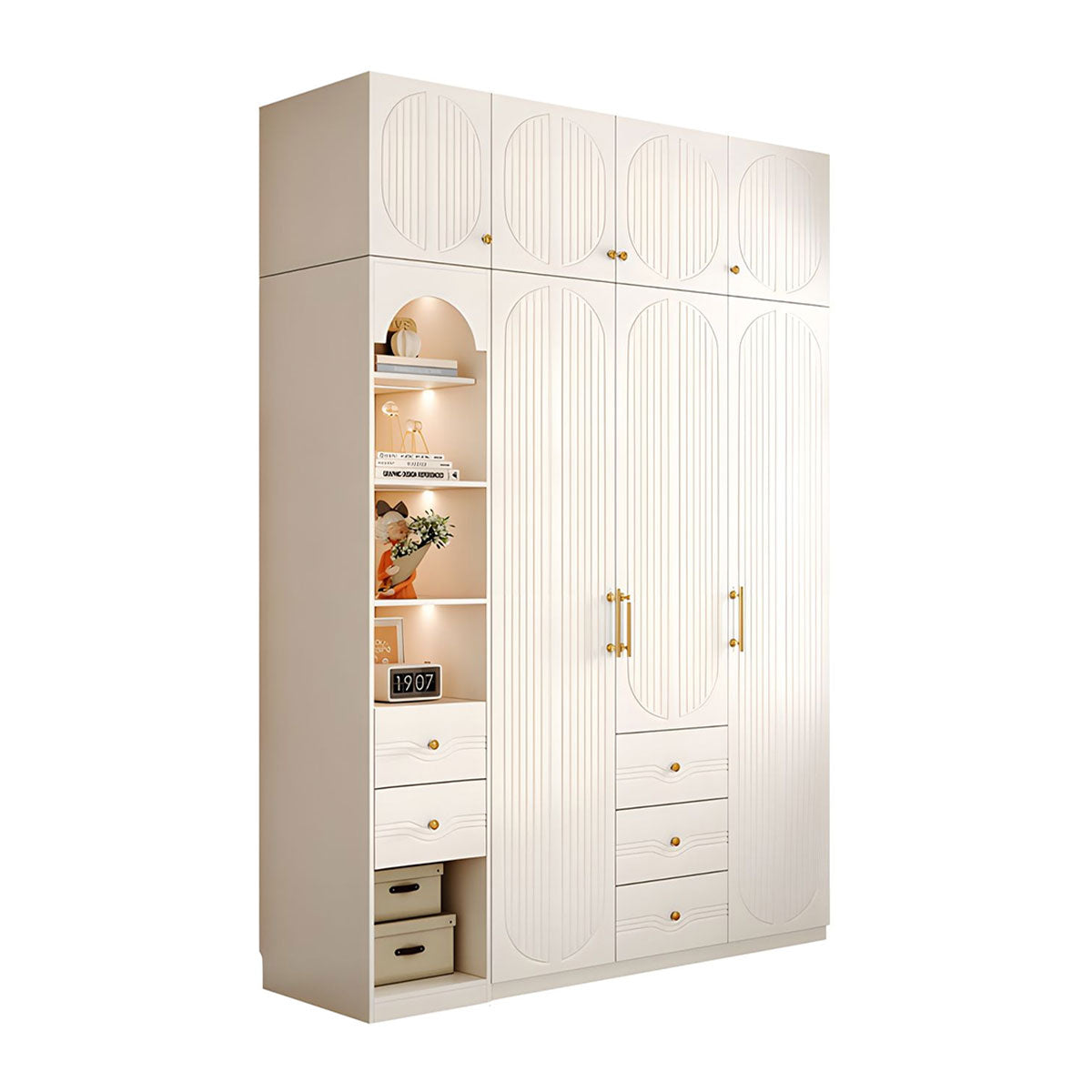 Modern MDF Wardrobe with Drawers Hanging Rods and 3D Carved Storage
