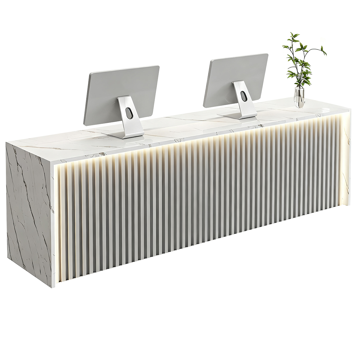 Modern Wood Slat Reception Desk with Lockable Storage and Keyboard Tray