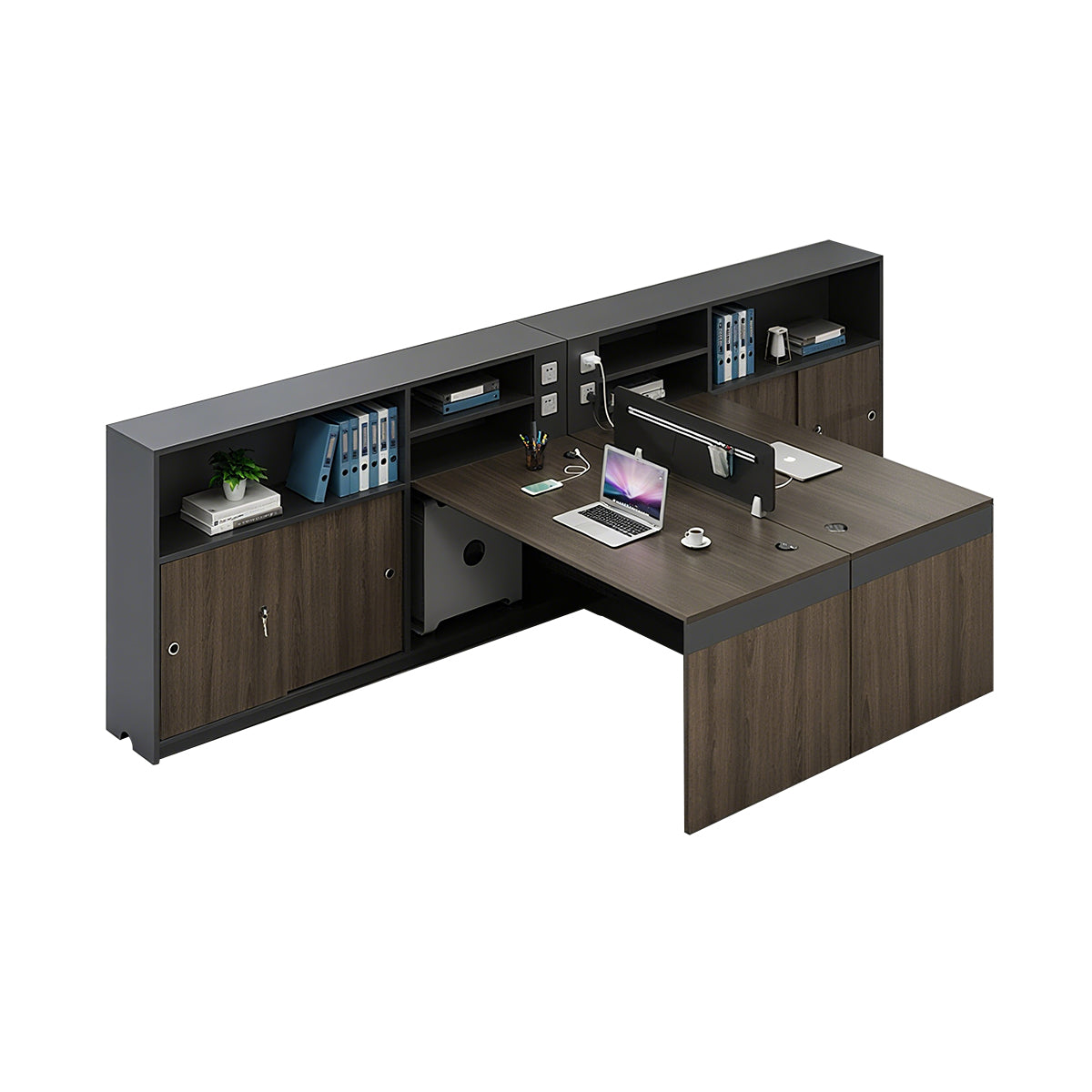 Minimalist Dark Gray and Walnut Cubicle Desk with Mobile Lockable Storage Cabinet