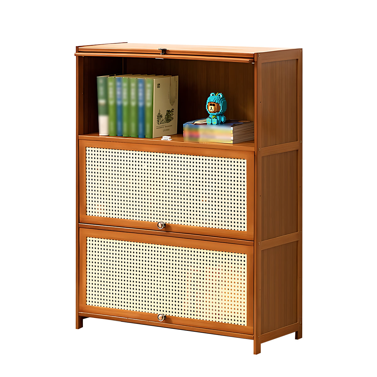Minimalist Bamboo Flip-Door Bookshelf with Multi-Layer Storage