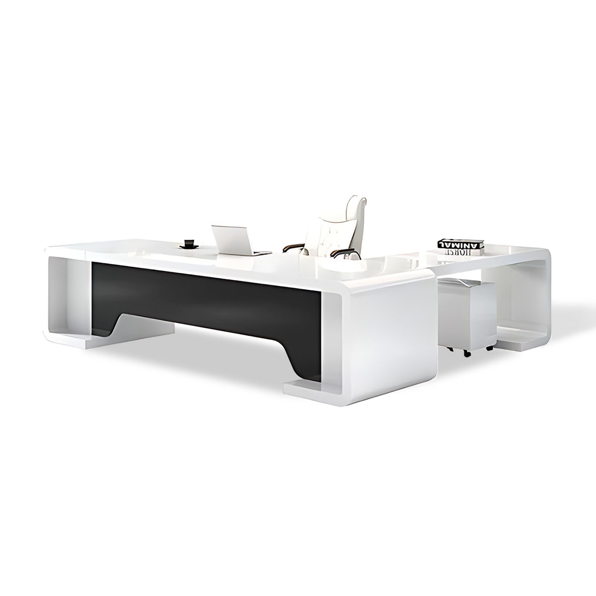 Minimalist Luxury White L-Shaped Executive Desk with Black Privacy Panel