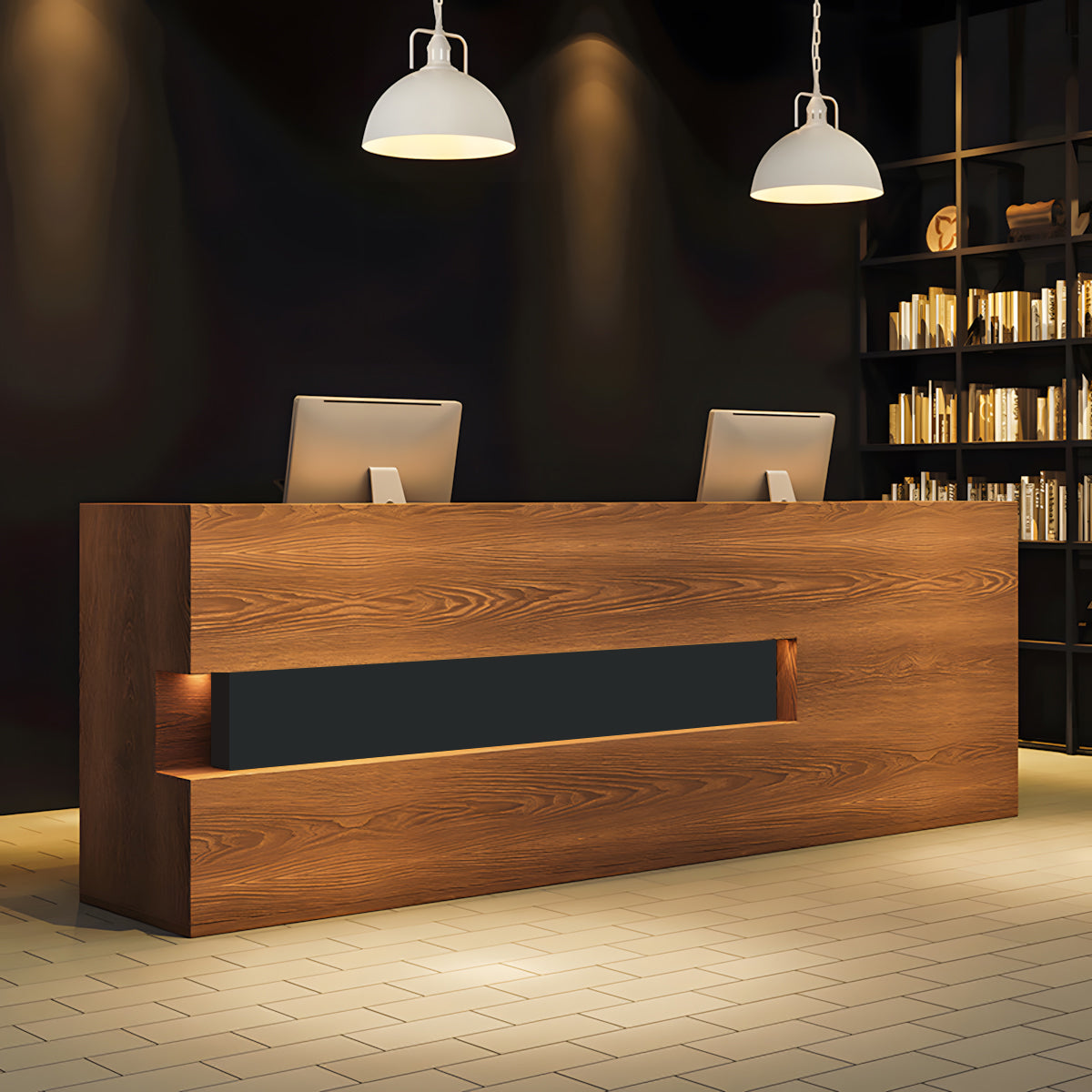 Reception Desk, front and side view, Retro Rectangular Solid Wood Reception Desk finish, for reception area or front office, commercial reception furniture
