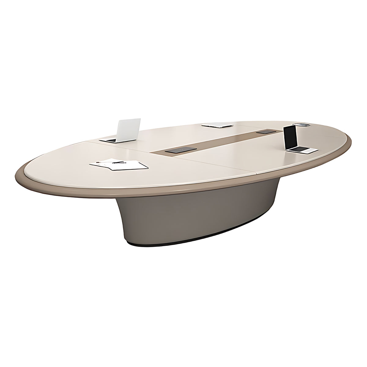 Modern Beige Oval Conference Table with a Solid Base