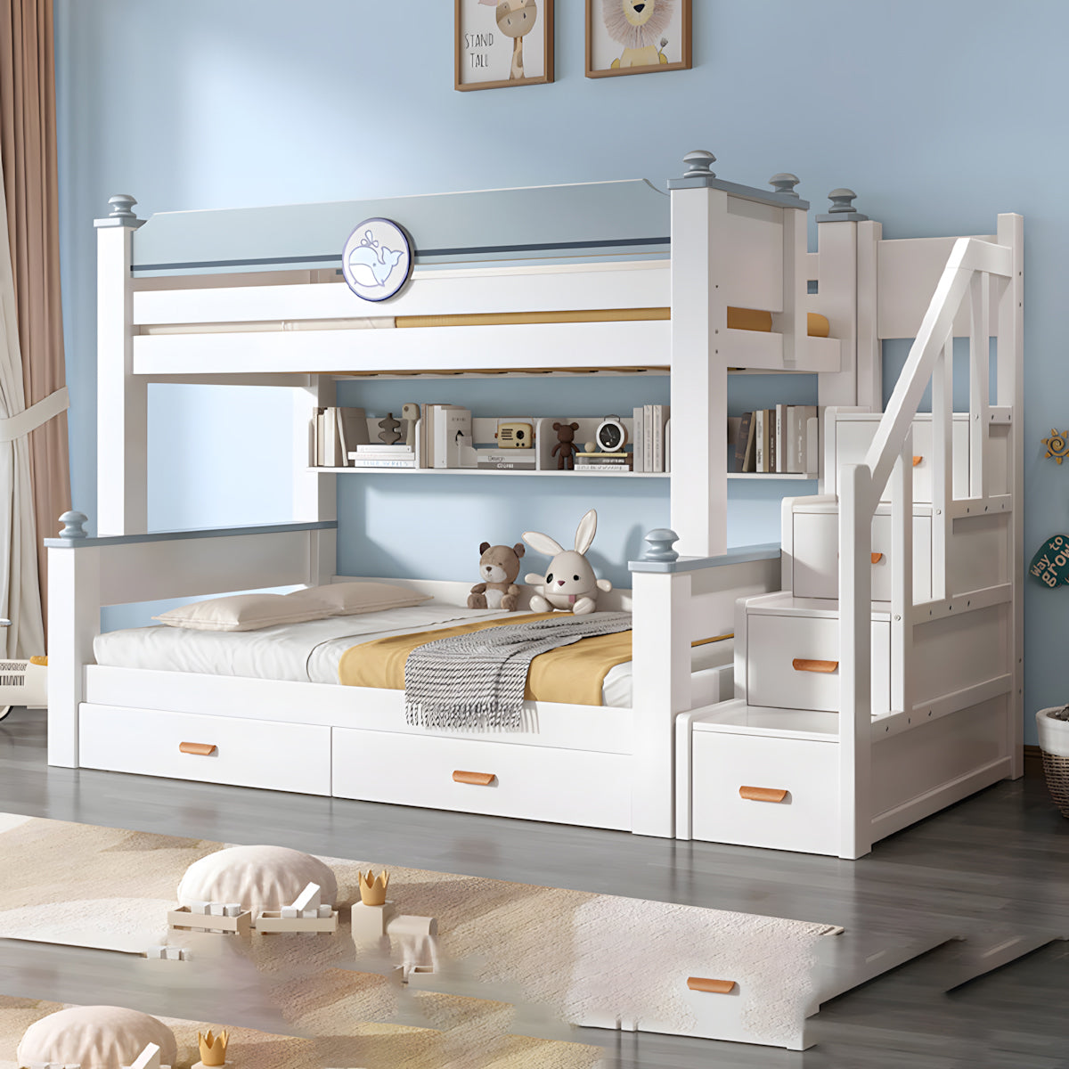Minimalist children's bunk bed front view with solid wood frame