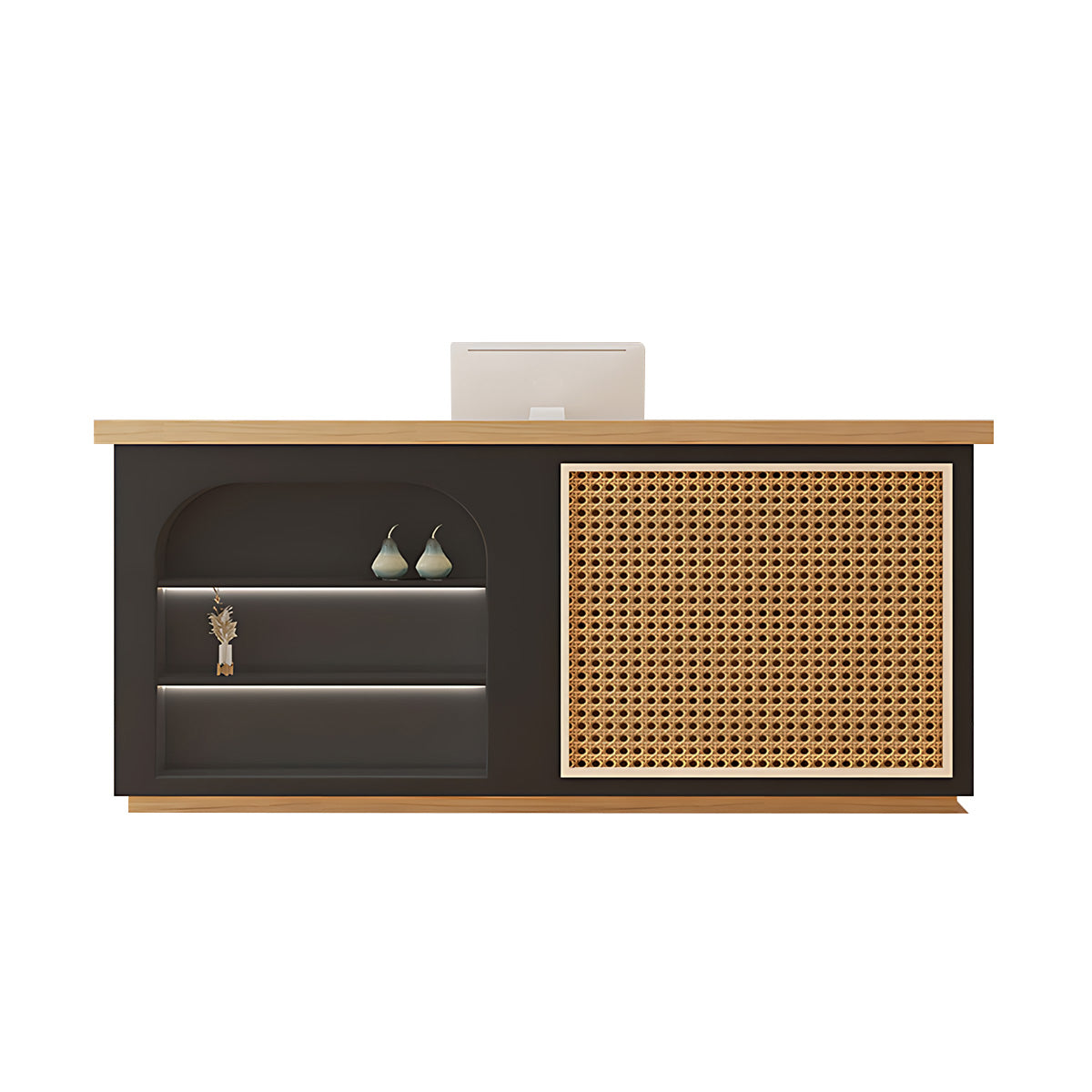 Modern Reception Desk-2, Black & Natural Wood, Black & Natural Wood finish, L31" x W20" x H39", for reception area or front office, commercial...