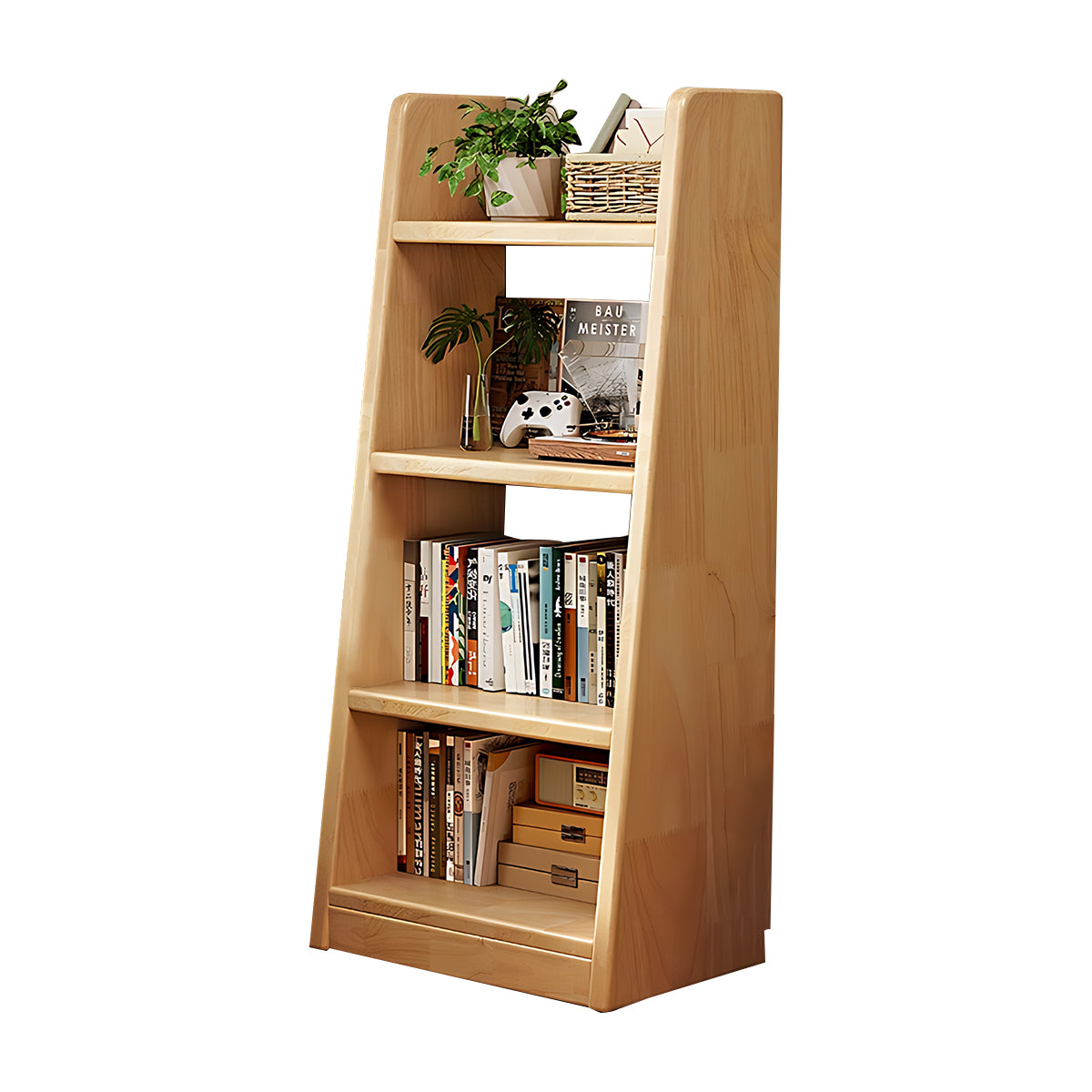 Minimalist Pine Wood Bookshelf Modern Storage Stable Design Trapezoidal