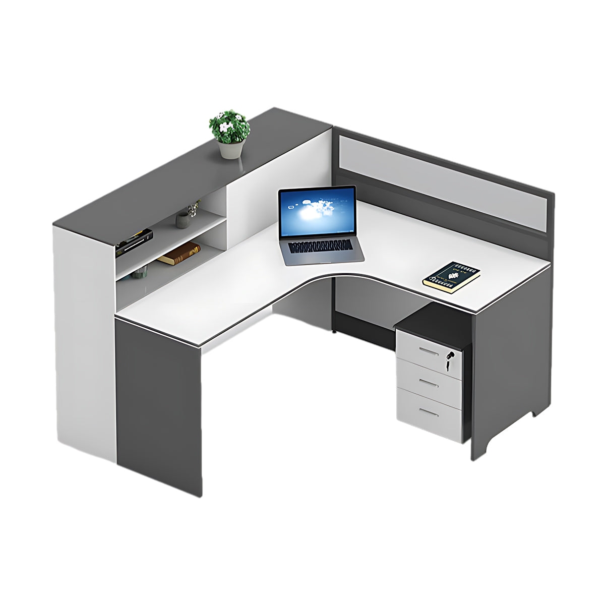 Modern L-Shaped Office Desk with Integrated Shelving & Partition Panels