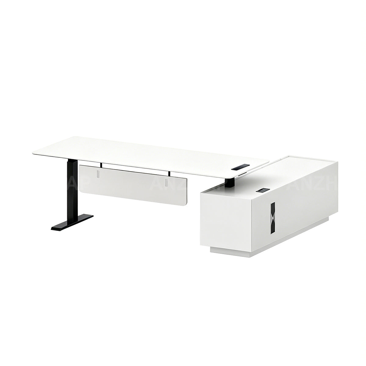 Modern Height-Adjustable Executive Desk with Power Outlets and Secure Side Storage