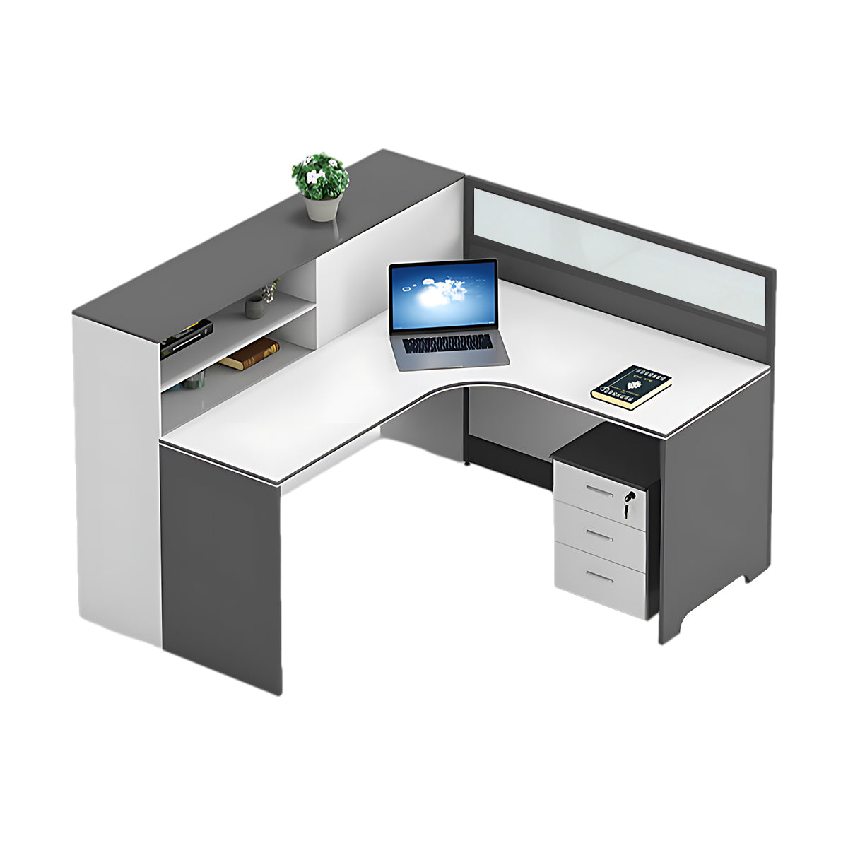 Modern L-Shaped Office Desk with Integrated Shelving & Partition Panels