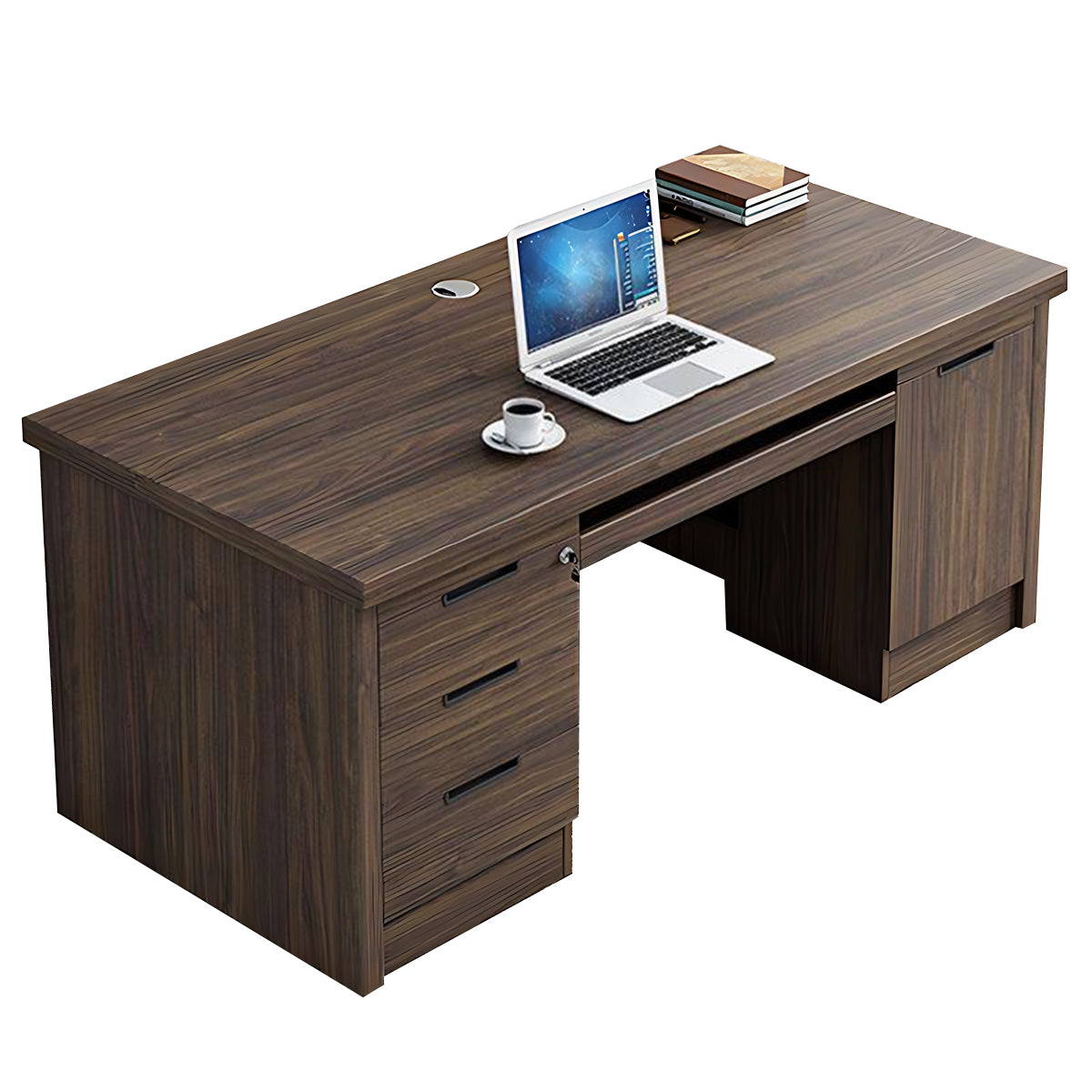 Executive Desk with Storage Drawers Cabinet CPU Compartment Wood Grain