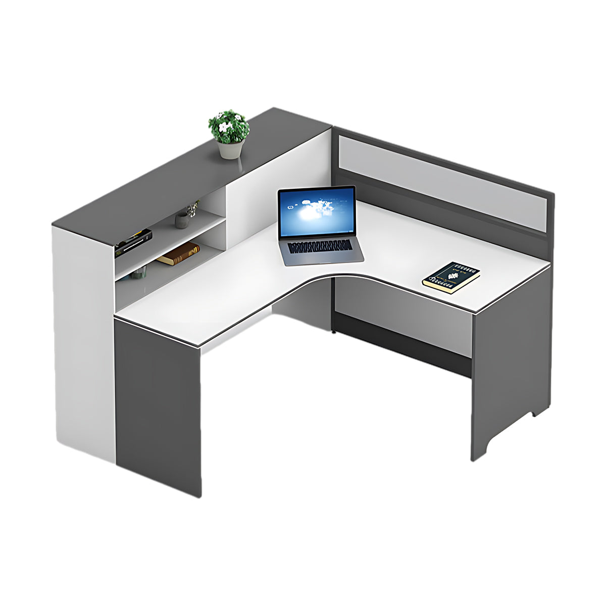 Modern L-Shaped Office Desk with Integrated Shelving & Partition Panels