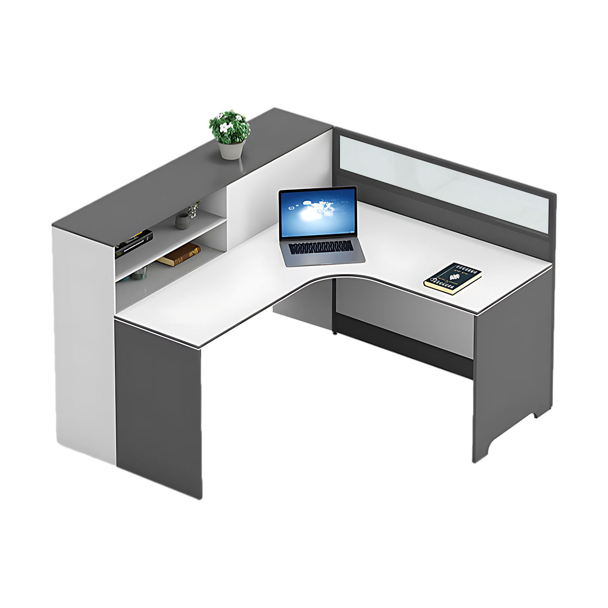Modern L-Shaped Office Desk with Integrated Shelving & Partition Panels