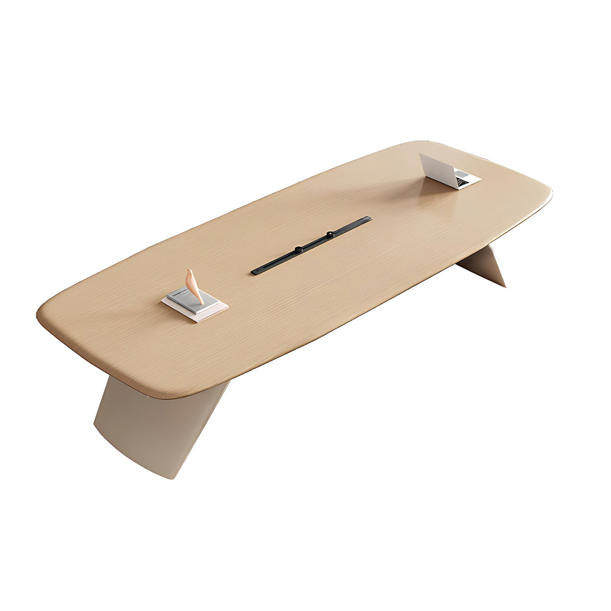 Minimalist Spacious Beige Conference Table with Hollow LED Light Strip and Sturdy Legs