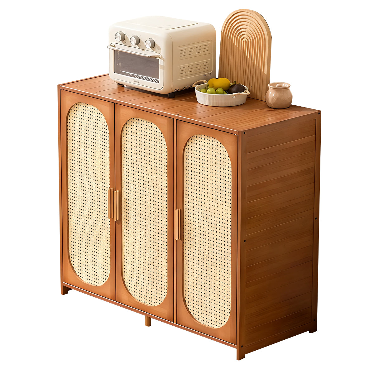 Retro Bamboo Buffet Cabinet, Faux Rattan Doors, Ample Storage for Home