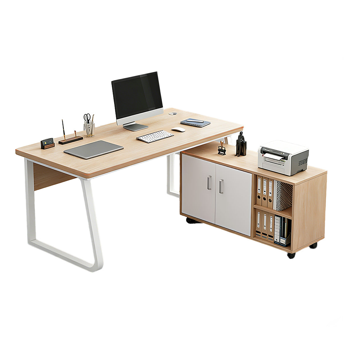 Sturdy Office Desk with Mobile Side Cabinet and Steel Legs for Workspace