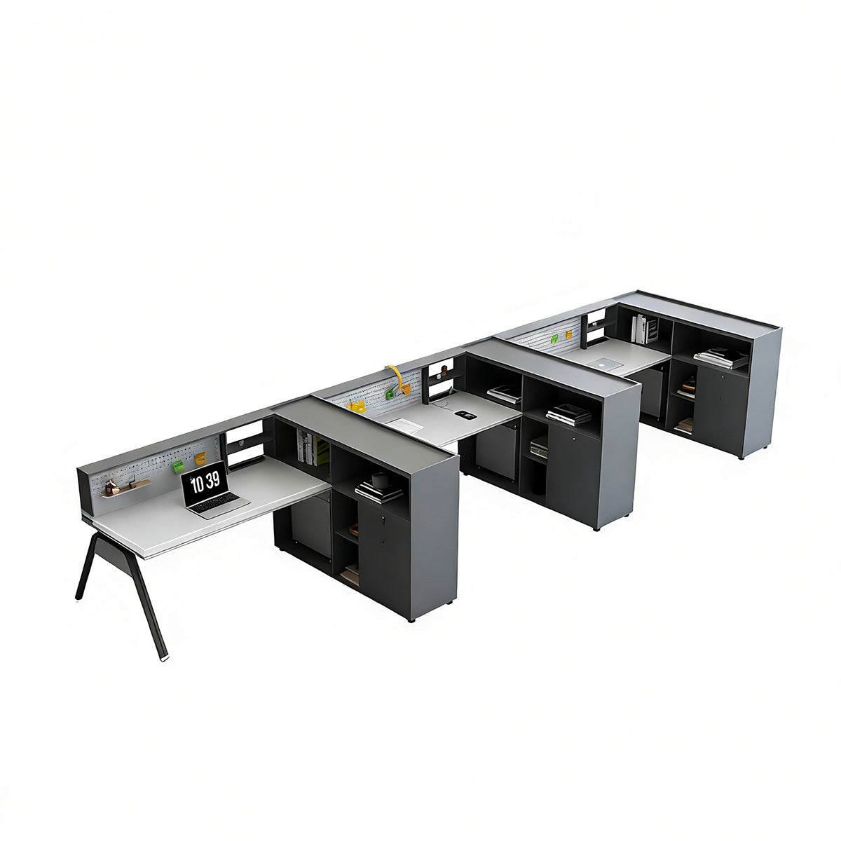 Sleek Office Desk with Integrated Power, Storage & Pegboard